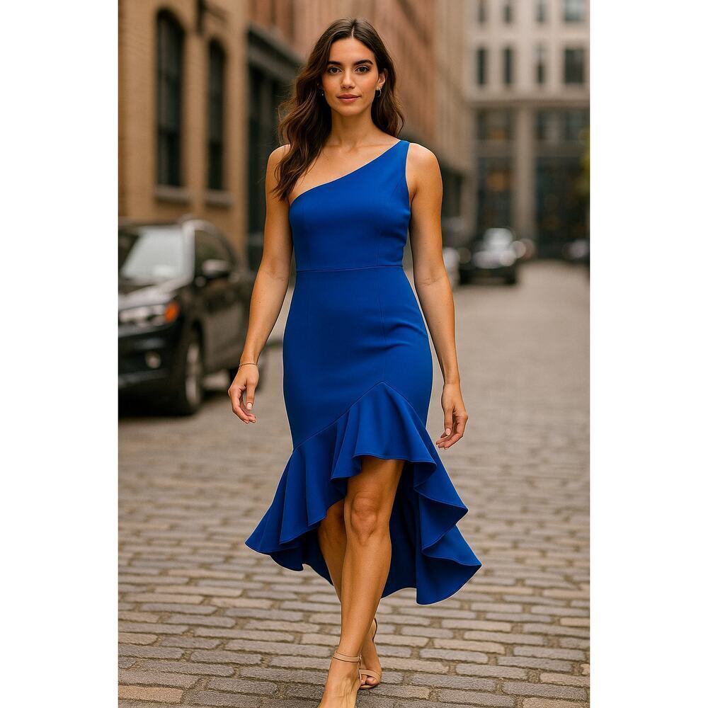 LIKELY One Shoulder Blue Ruffle Hem Dress Women’s Size 8 Retail $228